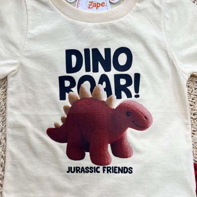 Conj. Camiseta Dino Roar! e Bermuda - Creme e Vermelho